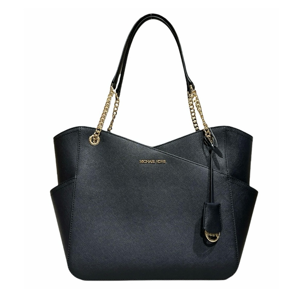 Michael Kors Jet Set Travel Large Top Zip Chain Tote Black Saffiano Leather